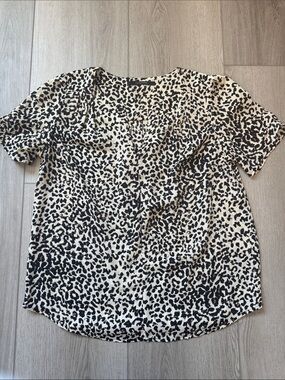 Animal Print Short-Sleeve Blouse - Black & Cream